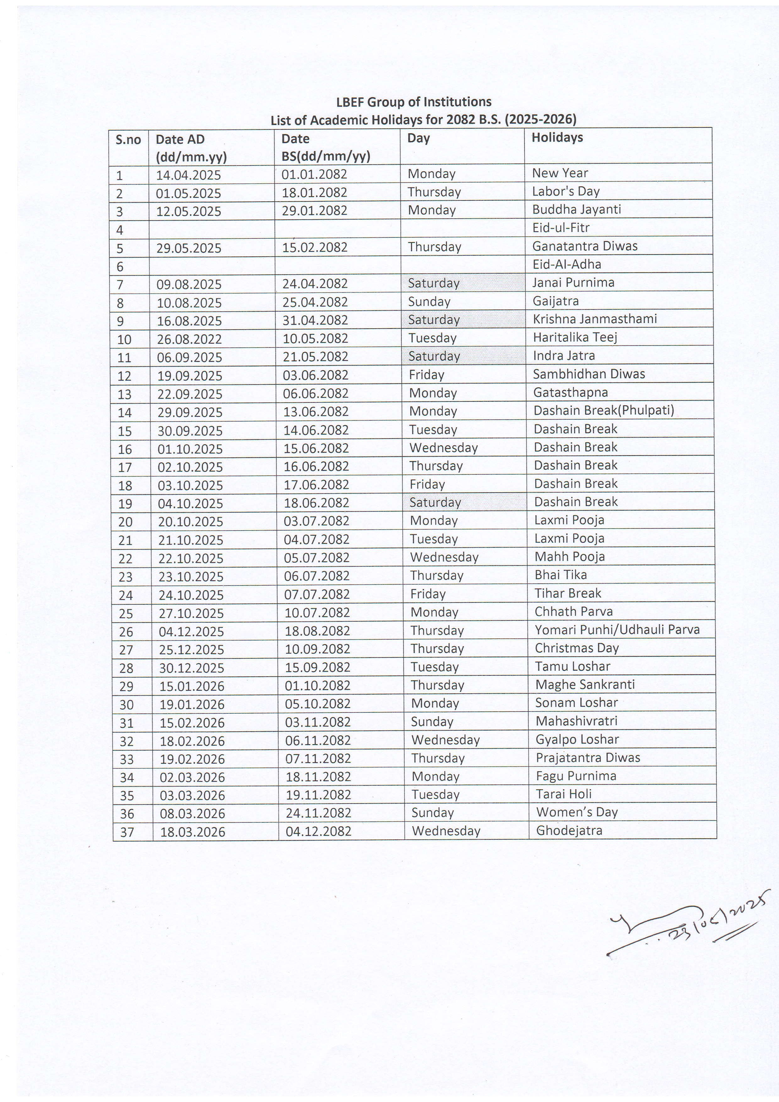 list of holidays
